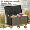 Large 100-gallon black and brown deck box with lockable lid, ideal for storing patio cushions and garden tools.