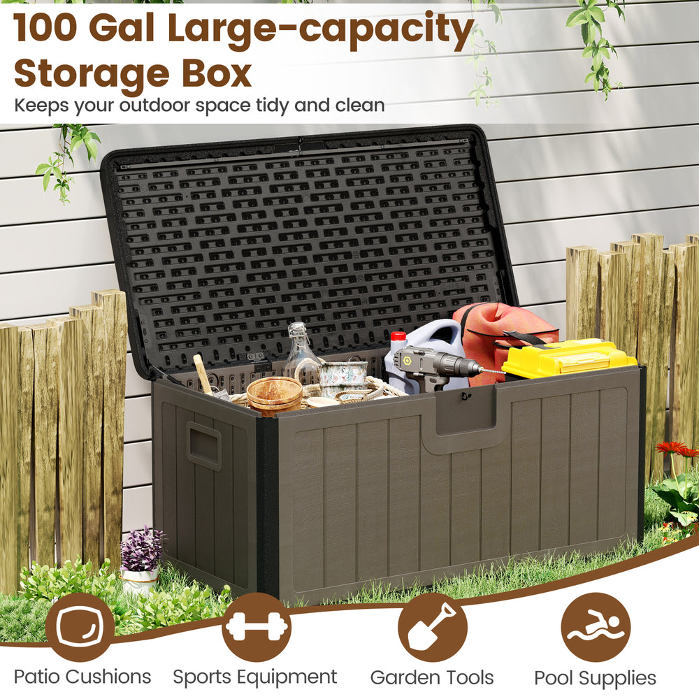 Large 100-gallon black and brown deck box with lockable lid, ideal for storing patio cushions and garden tools.