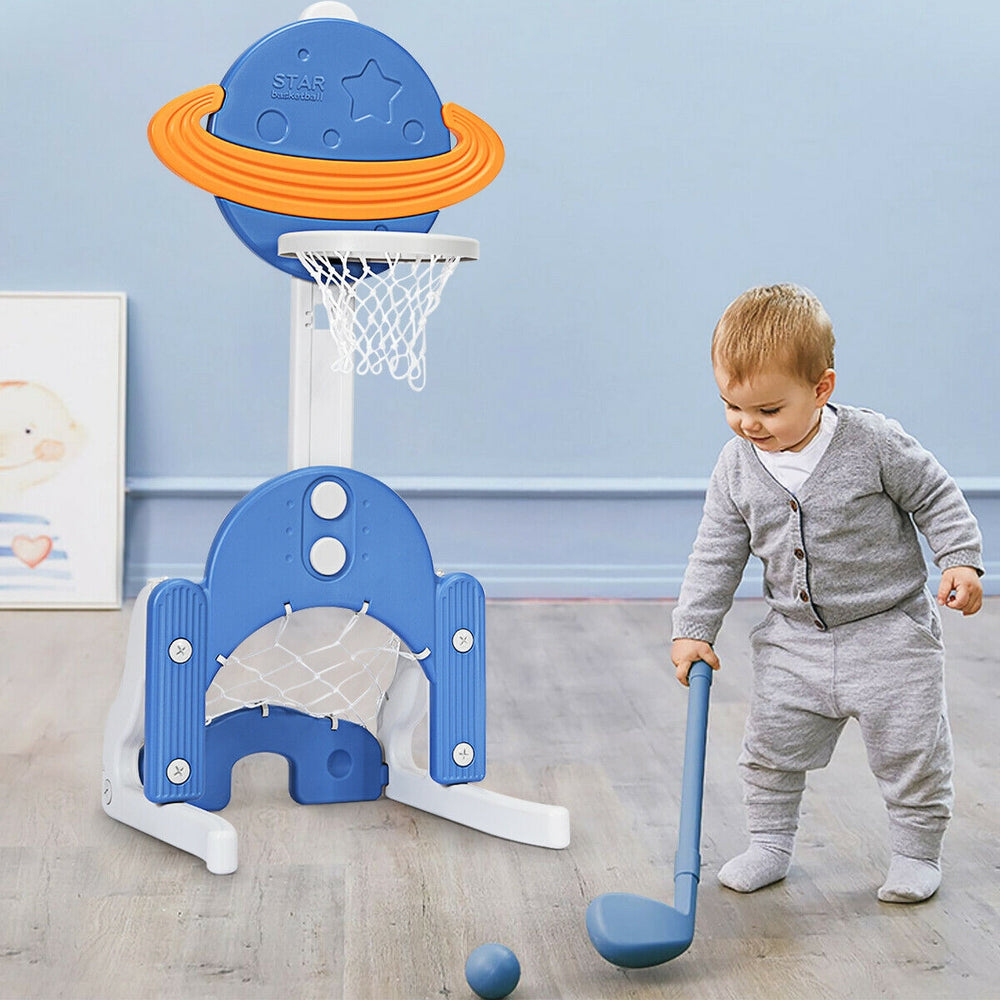 Kids basketball hoop set in blue with planet backboard, adjustable height, ideal for indoor and outdoor play.