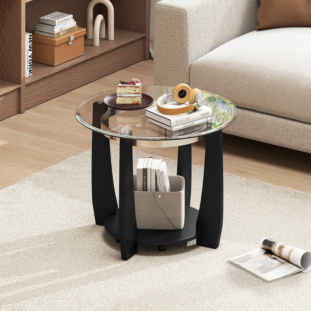 32" 2-Tier Glass Round Coffee Table with Storage Shelf-Black - Gallery View 1 of 10