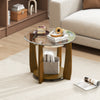 Round coffee table with a 0.31" tempered glass top and walnut finish, featuring a storage shelf and wheels for easy.