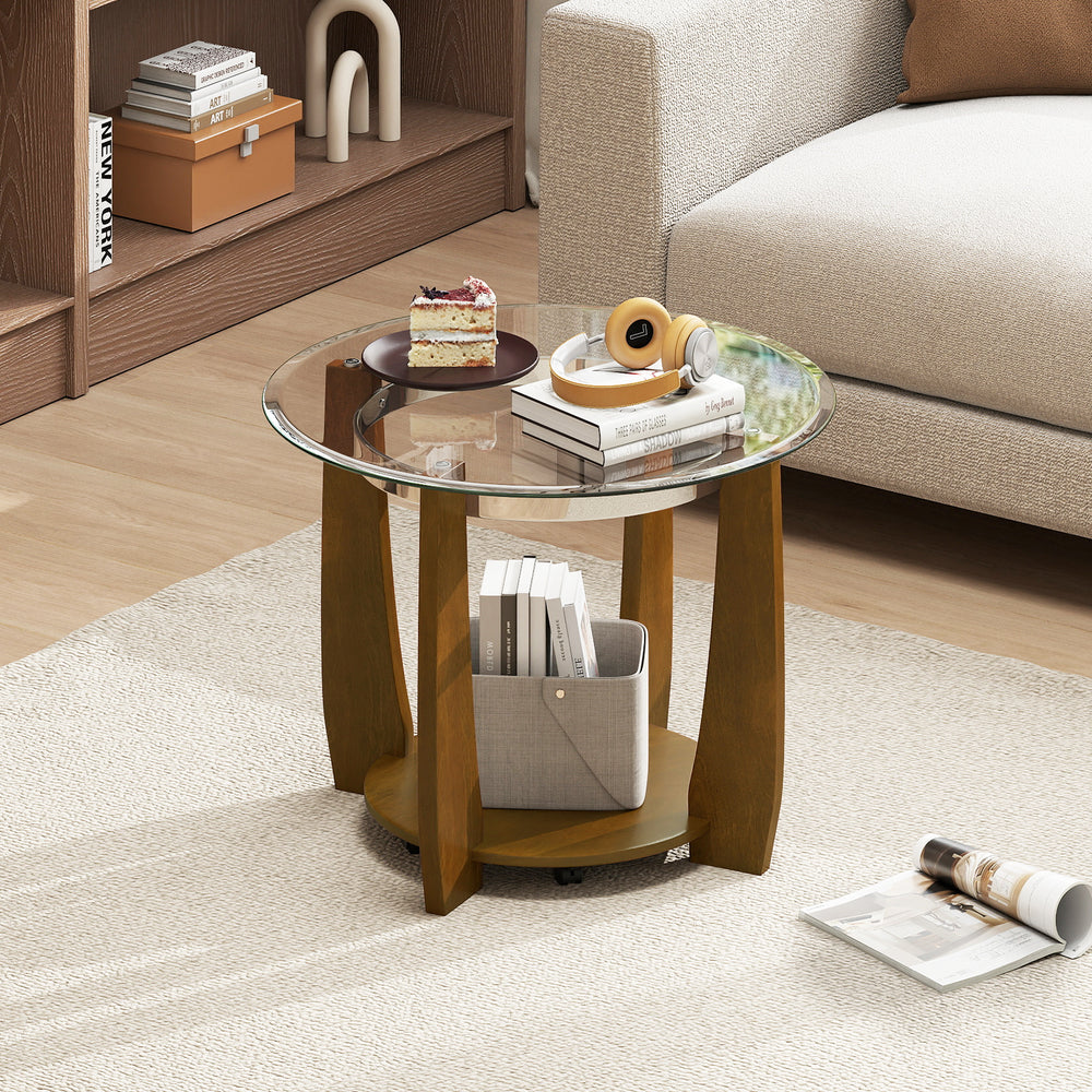 Round coffee table with a 0.31" tempered glass top and walnut finish, featuring a storage shelf and wheels for easy.