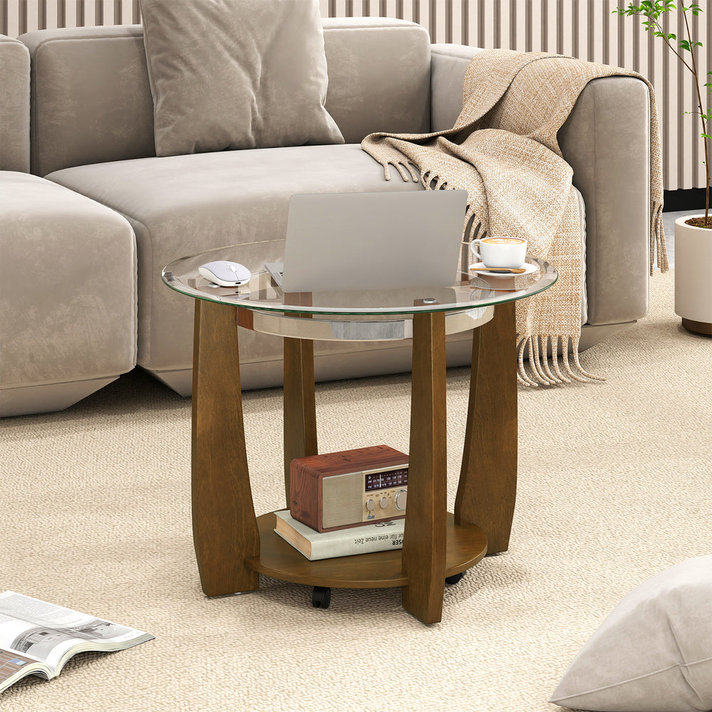Round 32" coffee table with a walnut frame, tempered glass top, and storage shelf, ideal for living room use.