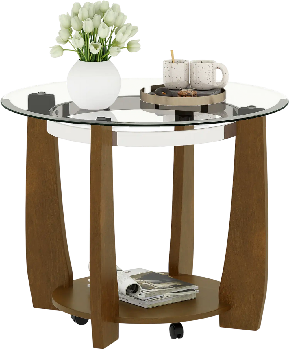 Round coffee table with a walnut frame, tempered glass top, and storage shelf, featuring wheels for easy mobility.