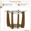 32" round coffee table with a walnut finish, tempered glass top, and storage shelf, featuring wheels for easy movement.