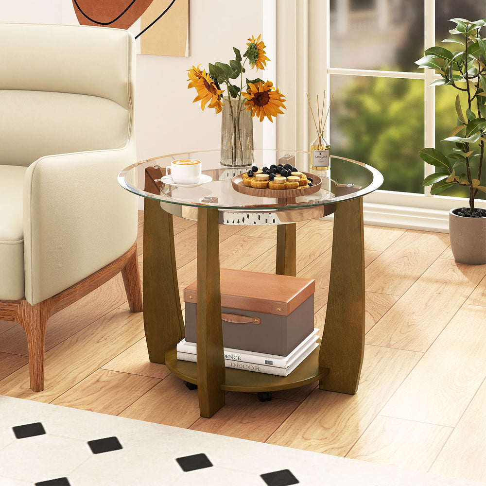 Round coffee table with a 0.31" tempered glass top and walnut frame, featuring a storage shelf and wheels for easy.