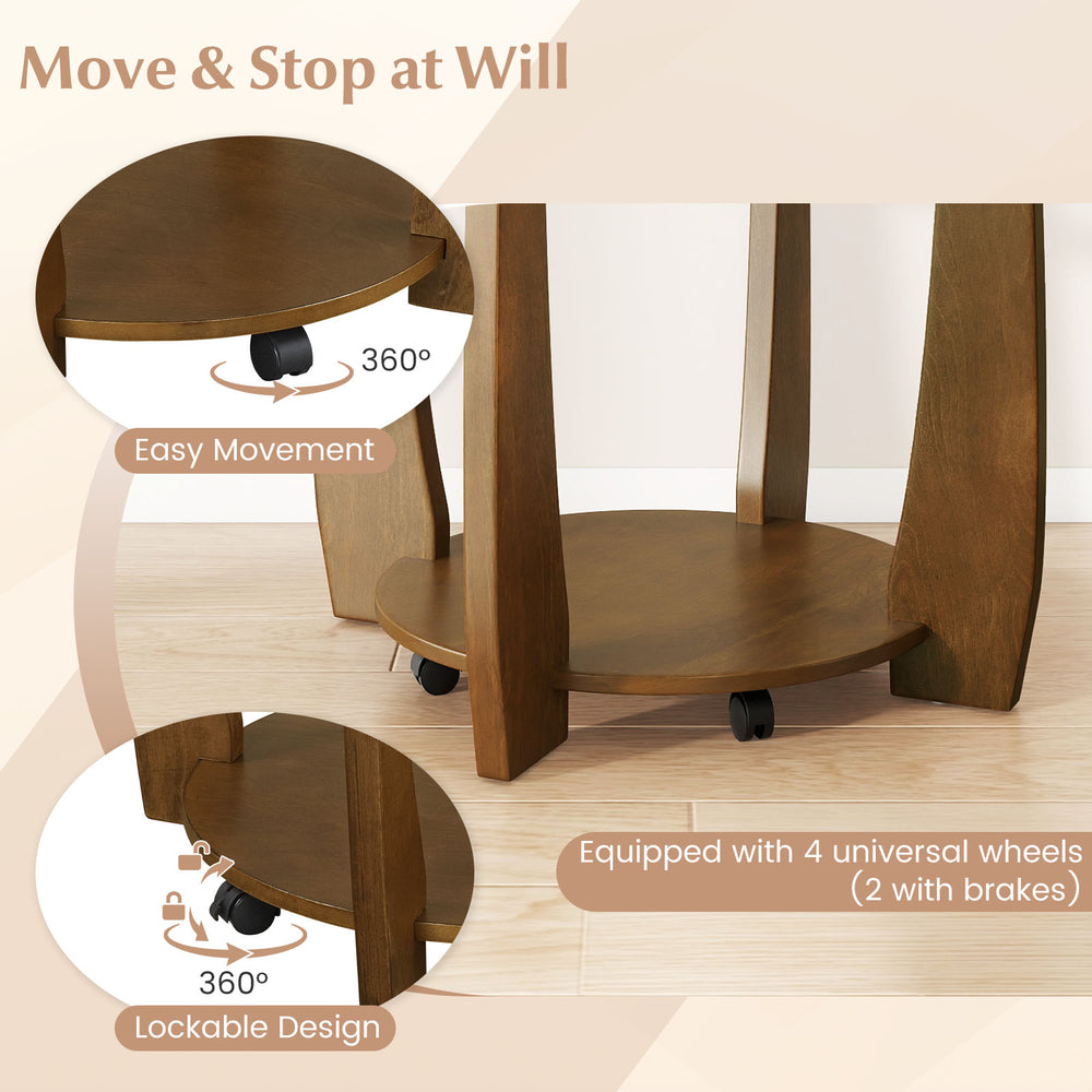 Close-up of the 32" round coffee table showcasing its 4 universal wheels and lockable design for easy movement and.