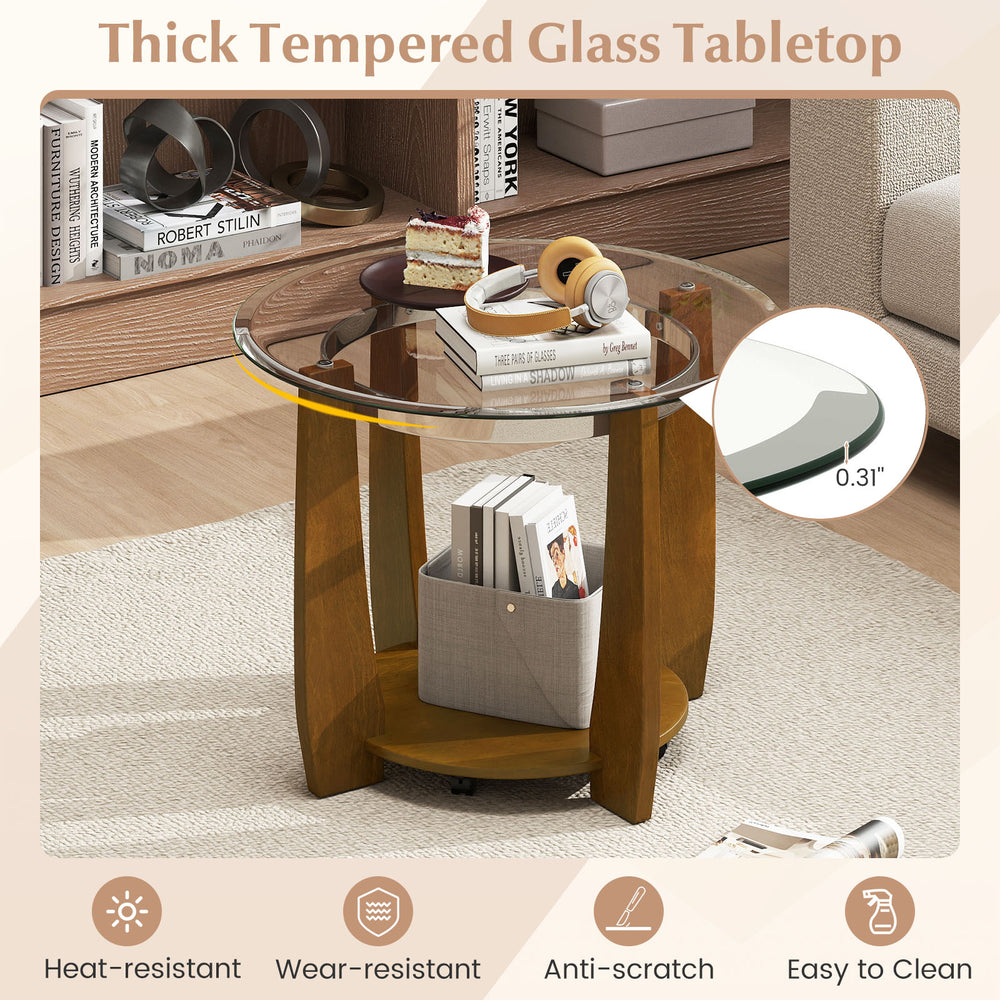 Round coffee table with a 0.31" thick tempered glass top and walnut finish, featuring a storage shelf and wheels for.