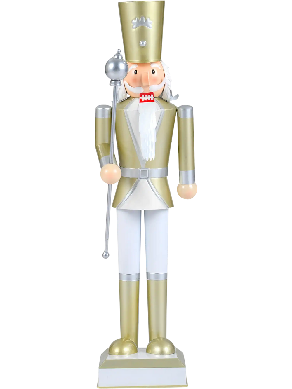 32.5-inch Christmas nutcracker in white and gold with a high hat and scepter, ideal for indoor or outdoor holiday.