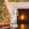 32.5-inch white and golden Christmas nutcracker with a high hat and scepter, perfect for indoor or outdoor holiday.