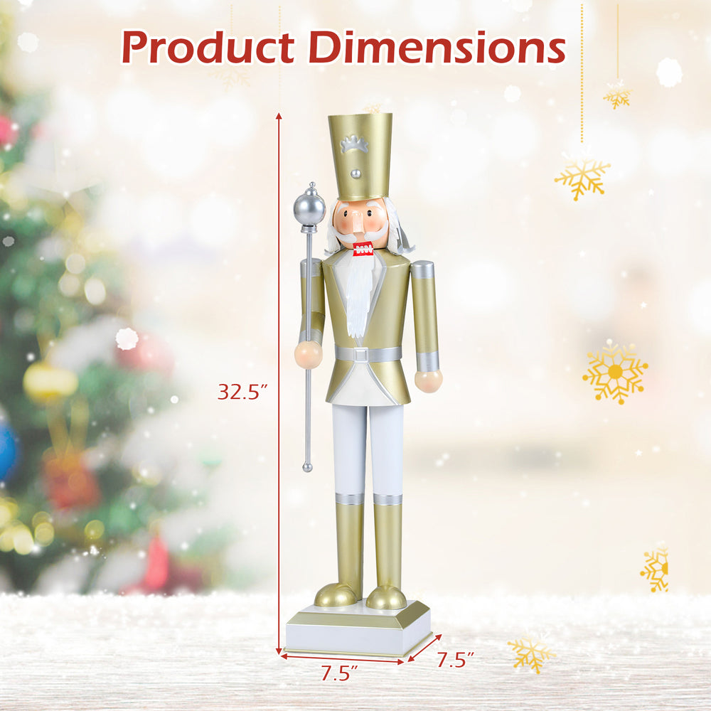 32.5-inch Christmas nutcracker with a golden hat and scepter, ideal for festive indoor or outdoor decoration.