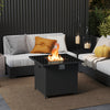Black 32.5-inch propane fire pit table with tempered glass top, providing 50,000 BTU heat for outdoor gatherings.