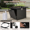 32.5-inch black propane fire pit table with tempered glass top, featuring a side door for easy gas tank access.
