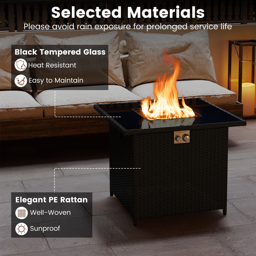 32.5-inch propane fire pit table with black tempered glass, PE rattan, and removable lid for outdoor warmth and.