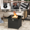 Square black propane fire pit table with tempered glass top, adjustable foot pads, and removable lid for versatile use.