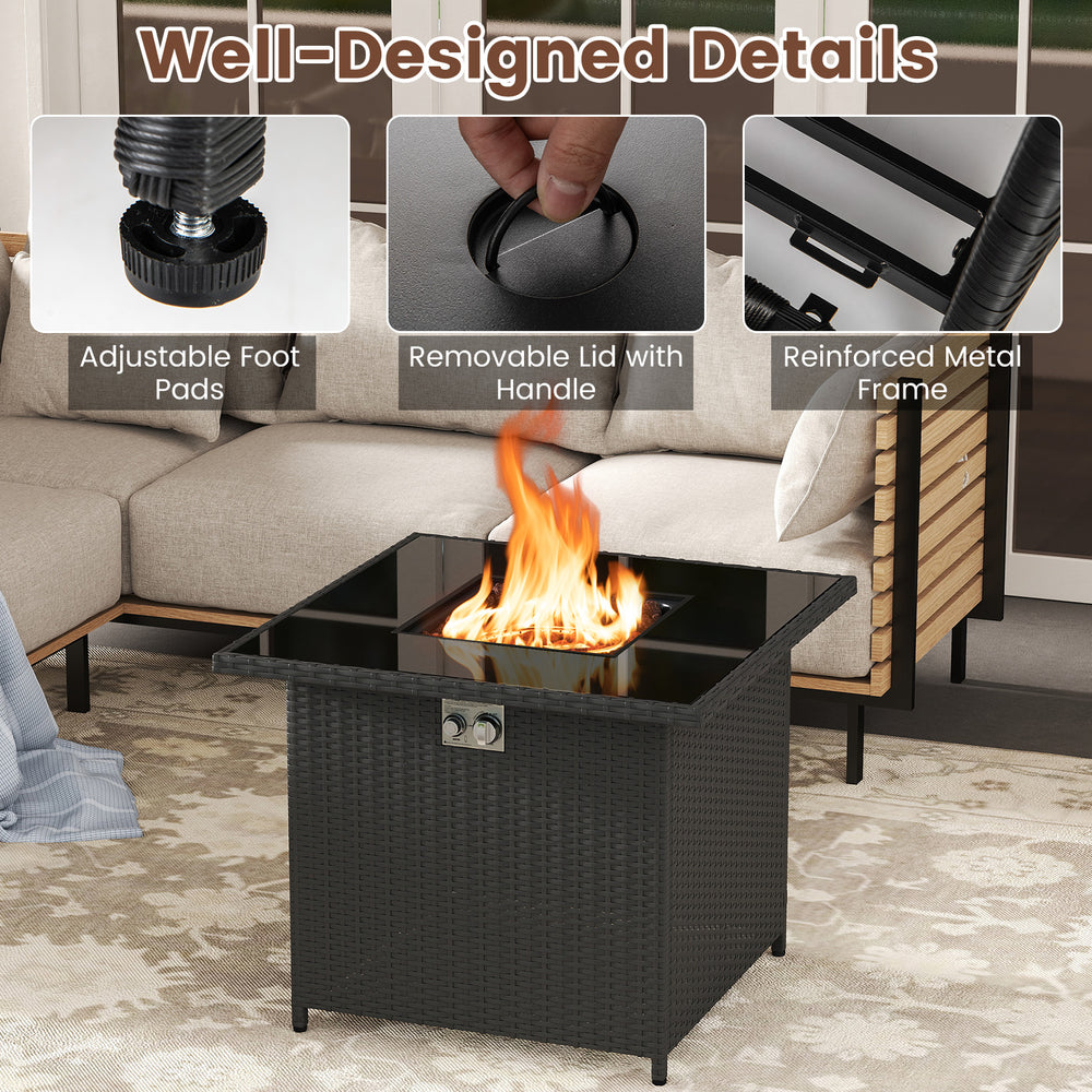 Square black propane fire pit table with tempered glass top, adjustable foot pads, and removable lid for versatile use.