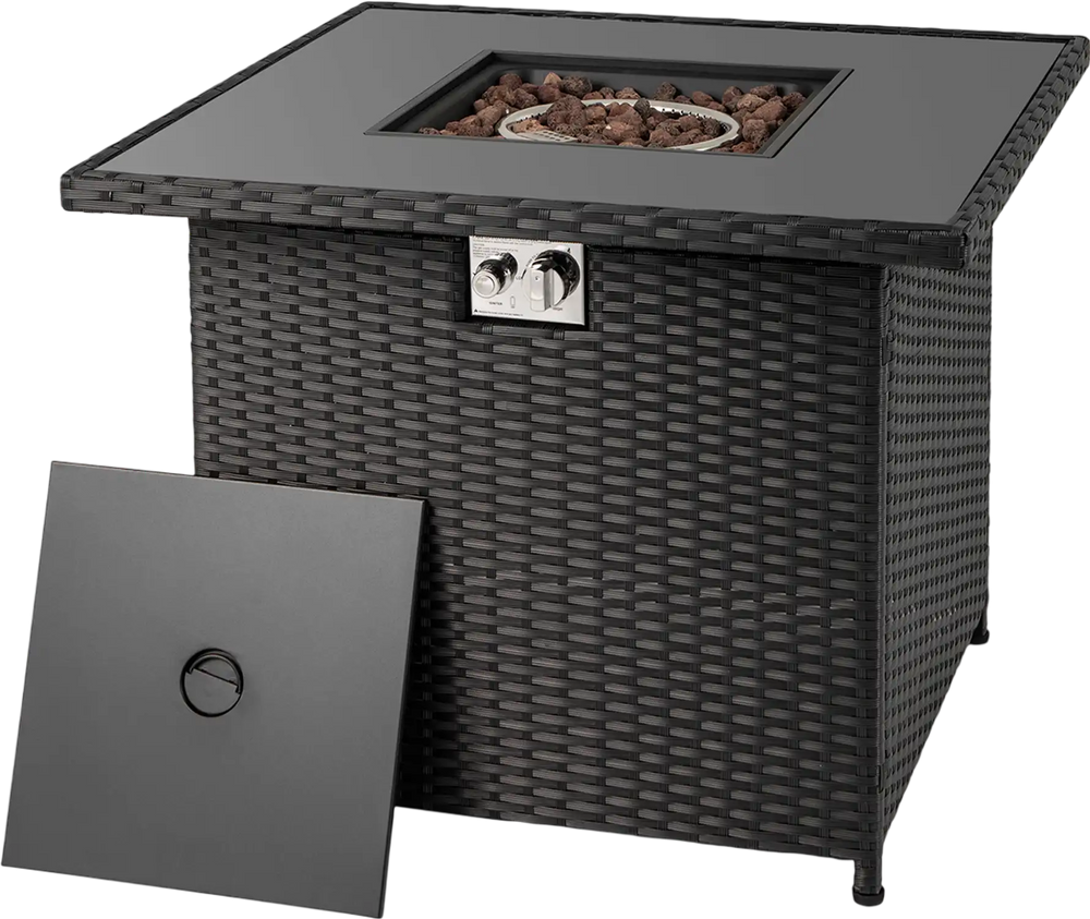 Square black propane fire pit table with tempered glass top, 50000 BTU output, doubles as a coffee table.