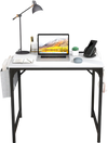 Compact 32-inch white computer desk showcasing a sleek design, built-in charging station, and sturdy triangular support.