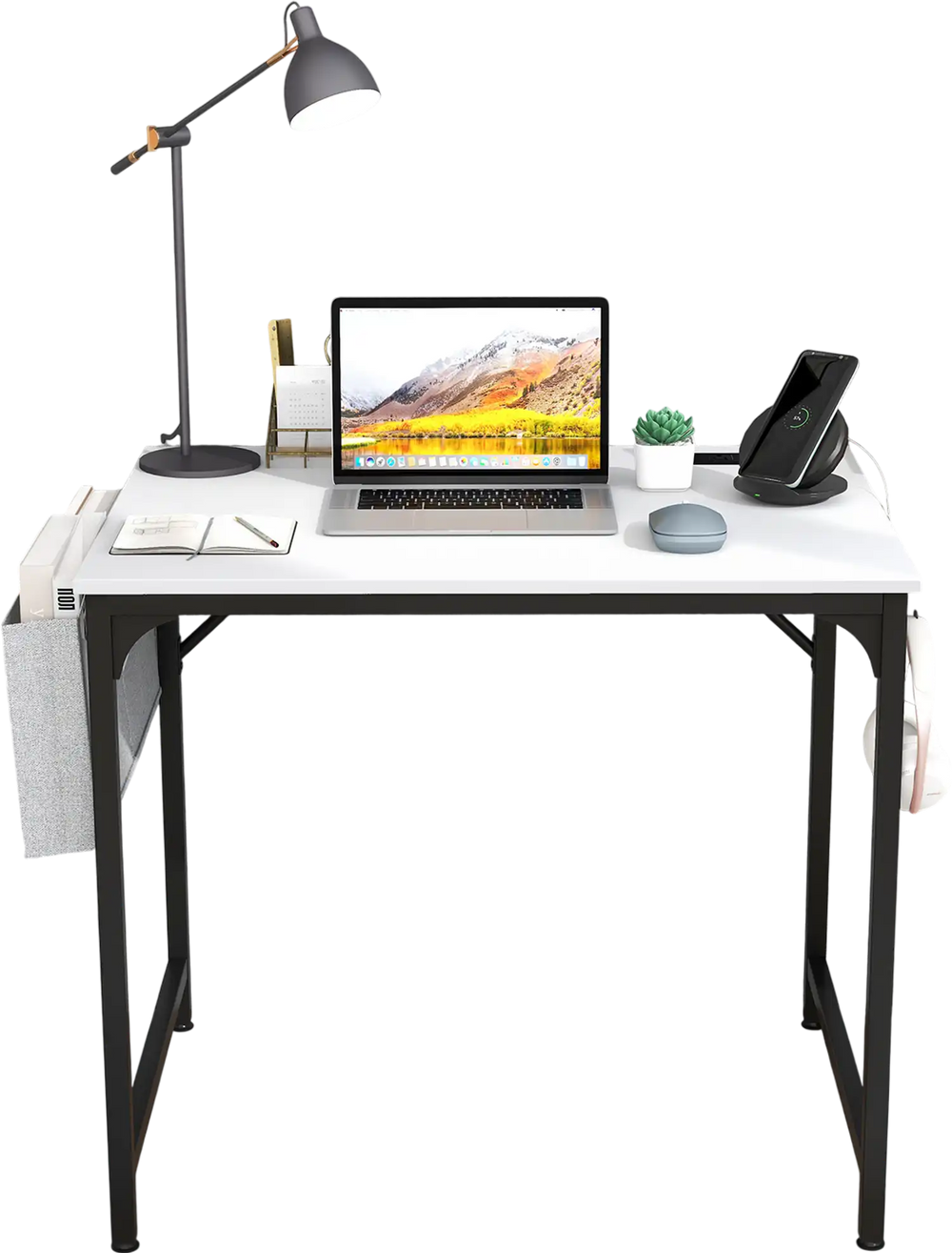 Compact 32-inch white computer desk showcasing a sleek design, built-in charging station, and sturdy triangular support.