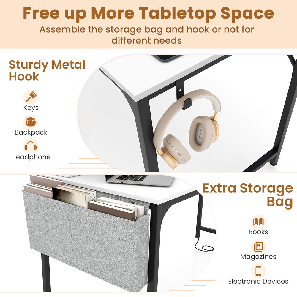 Sturdy metal hook and extra storage bag on a 32-inch white computer desk for organizing headphones and books.