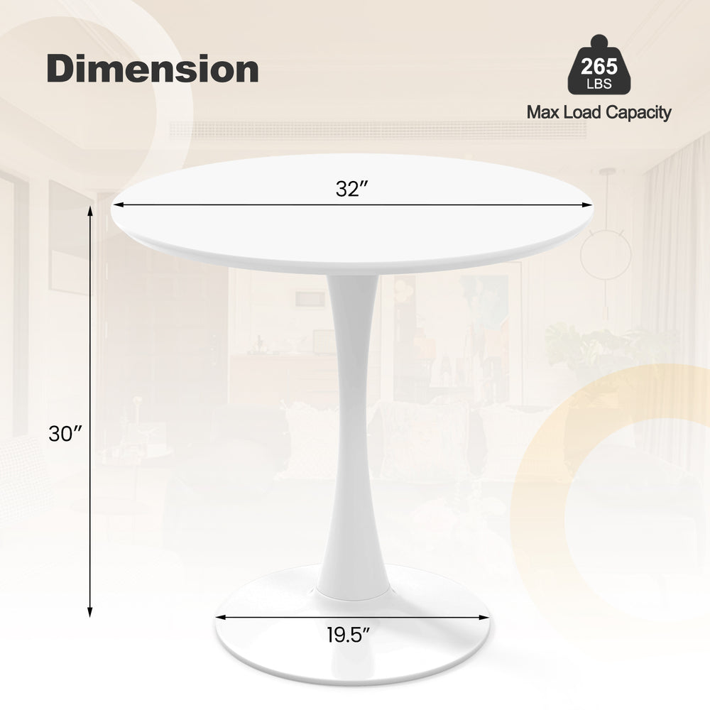 32-inch modern tulip round dining table with MDF top, white, suitable for up to 4 people, ideal for small spaces.