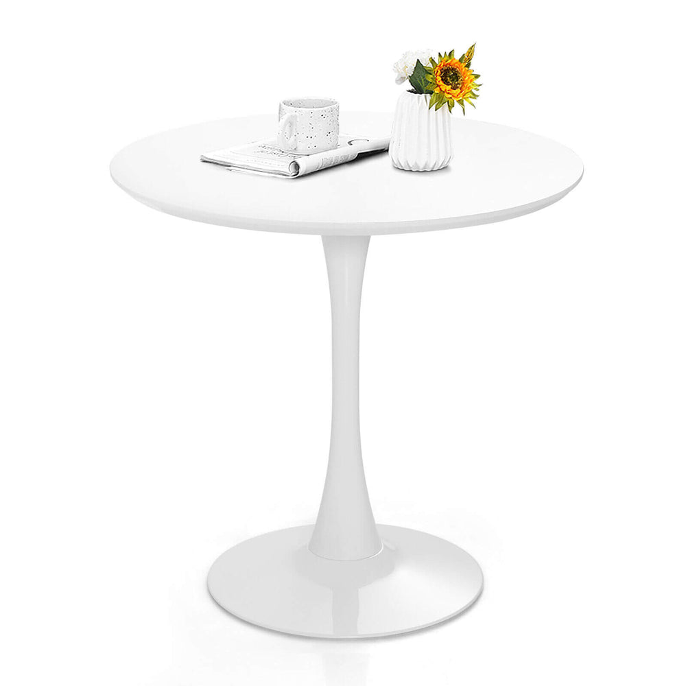 32-inch modern tulip round dining table with a white MDF top, suitable for dining or leisure in small spaces.