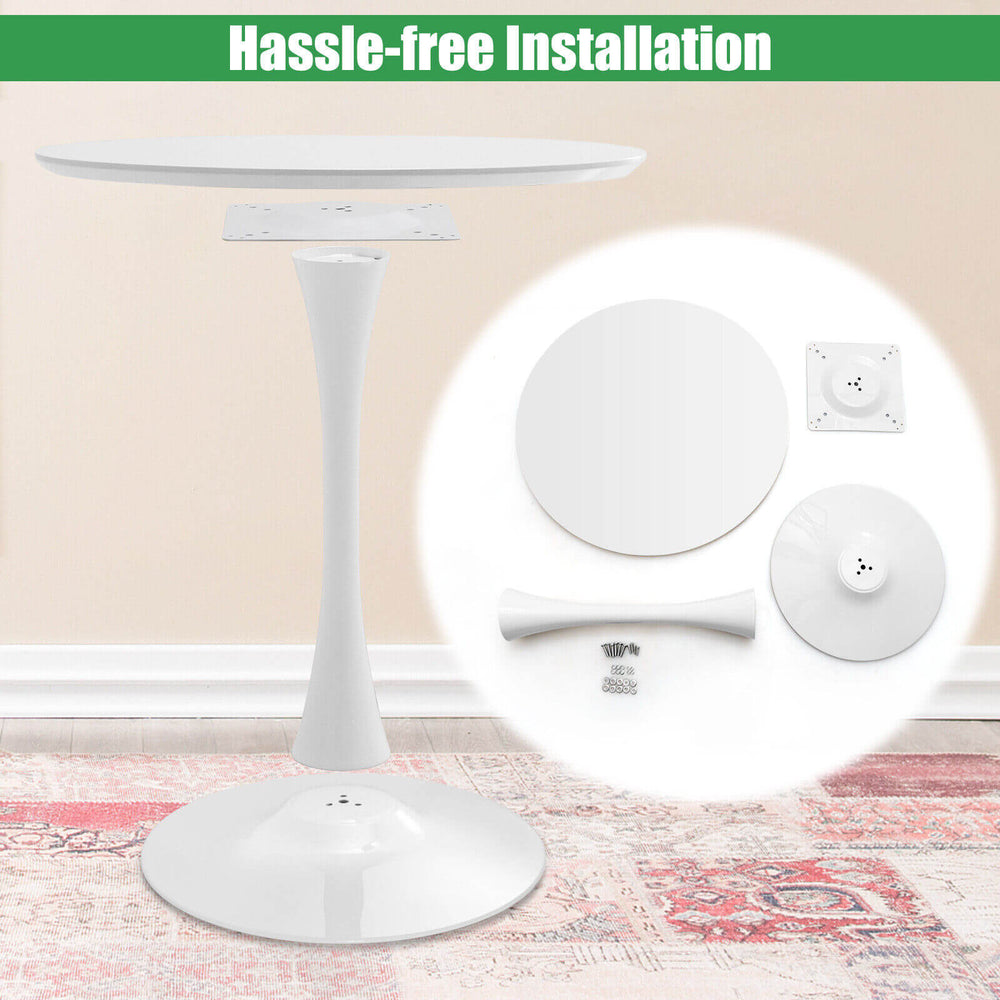 32-inch modern tulip round dining table with white MDF top and sturdy metal pedestal, ideal for small spaces.