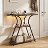 Narrow console table with power outlets and LED lights, featuring a rustic brown finish and three-tier storage shelves.