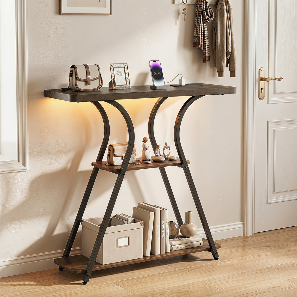 Narrow console table with power outlets and LED lights, featuring a rustic brown finish and three-tier storage shelves.