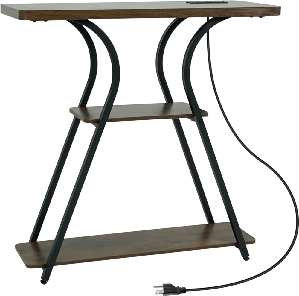 Narrow 32" console table in rustic brown with power outlets, LED lights, and 3-tier storage for living room use.
