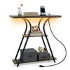 Console table with LED lights and power outlets, featuring a rustic brown finish and three storage tiers for small.