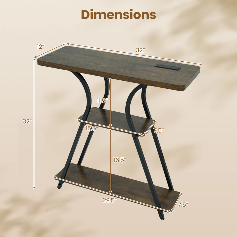 Dimensions of the 32" console table with power outlets, featuring a rustic brown finish and heavy-duty metal frame.