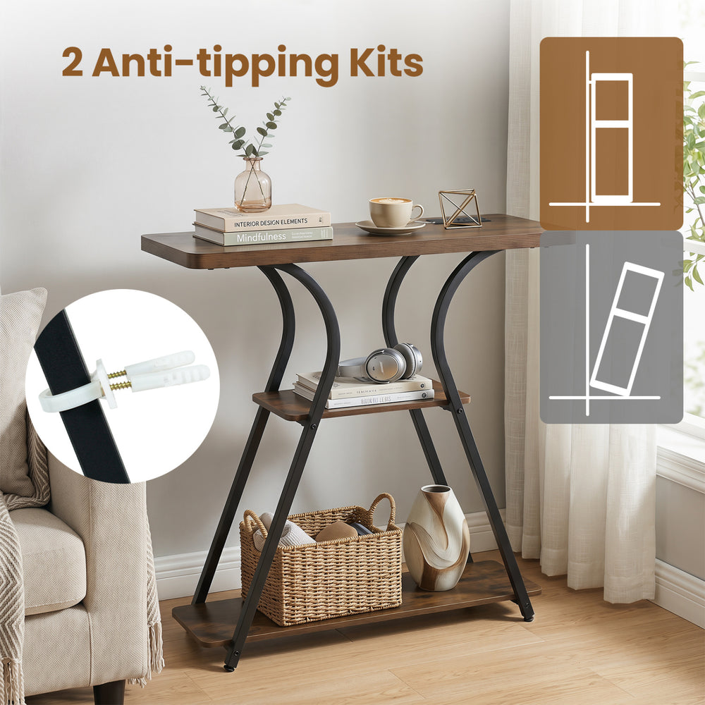 Console table with power outlets and LED lights, featuring a rustic brown finish and 3-tier storage for small spaces.