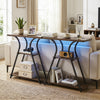 Narrow 32" console table with power outlets, LED lights, and 3-tier storage shelves in rustic brown and oak finish.