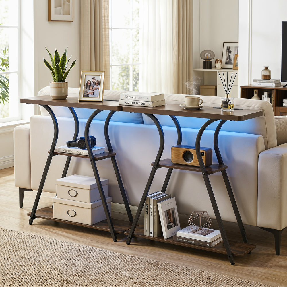 Narrow 32" console table with power outlets, LED lights, and 3-tier storage shelves in rustic brown and oak finish.
