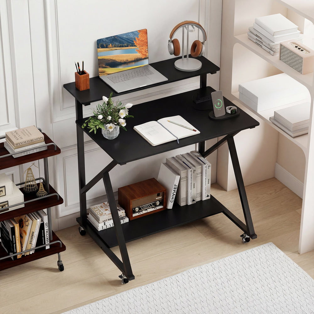 32 Inch Rolling Computer Desk for Small Spaces with Power Outlets-Black - Gallery View 1 of 11