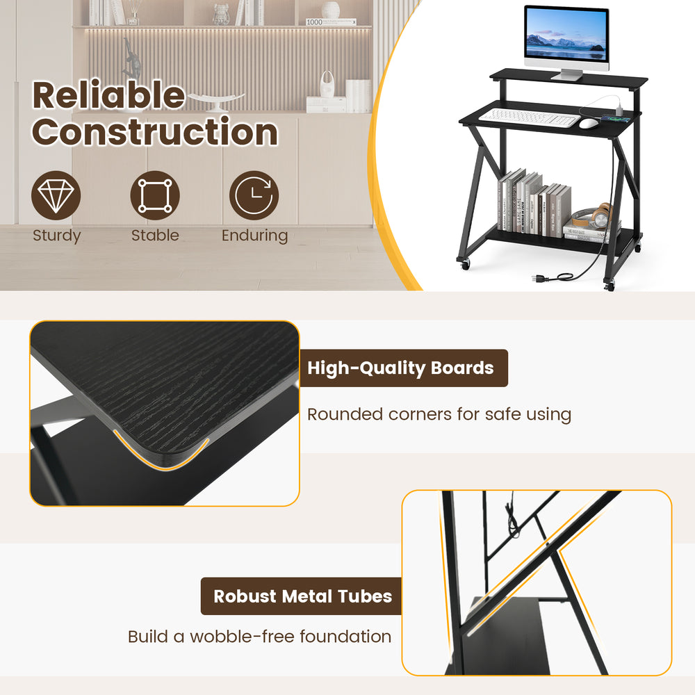Rolling computer desk with ergonomic monitor shelf, built-in power outlets, and sturdy metal frame for small spaces.