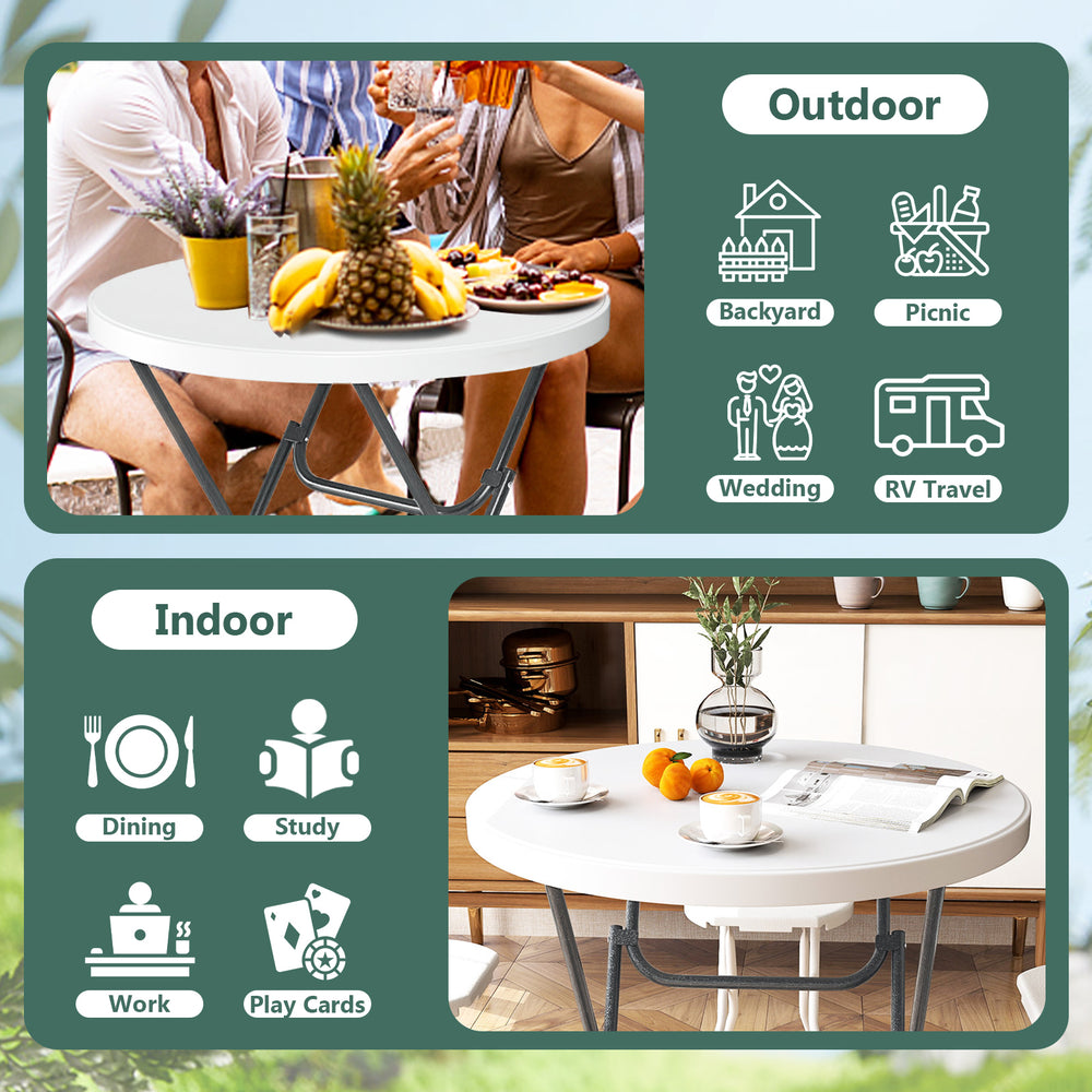 32-inch round folding table with thick HDPE tabletop, ideal for outdoor picnics and indoor dining activities.