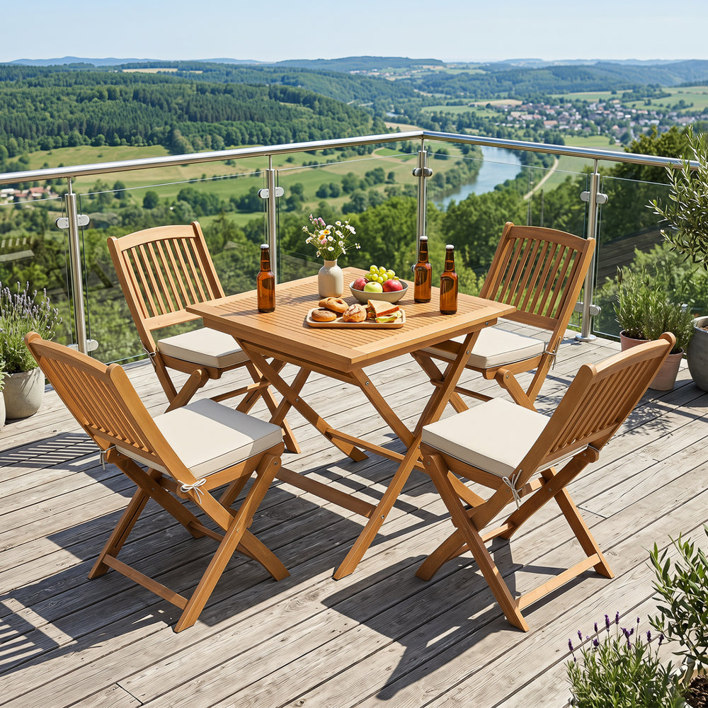 32-inch square solid teak wood patio dining table for 4 with a smooth surface, ideal for outdoor dining on a balcony.