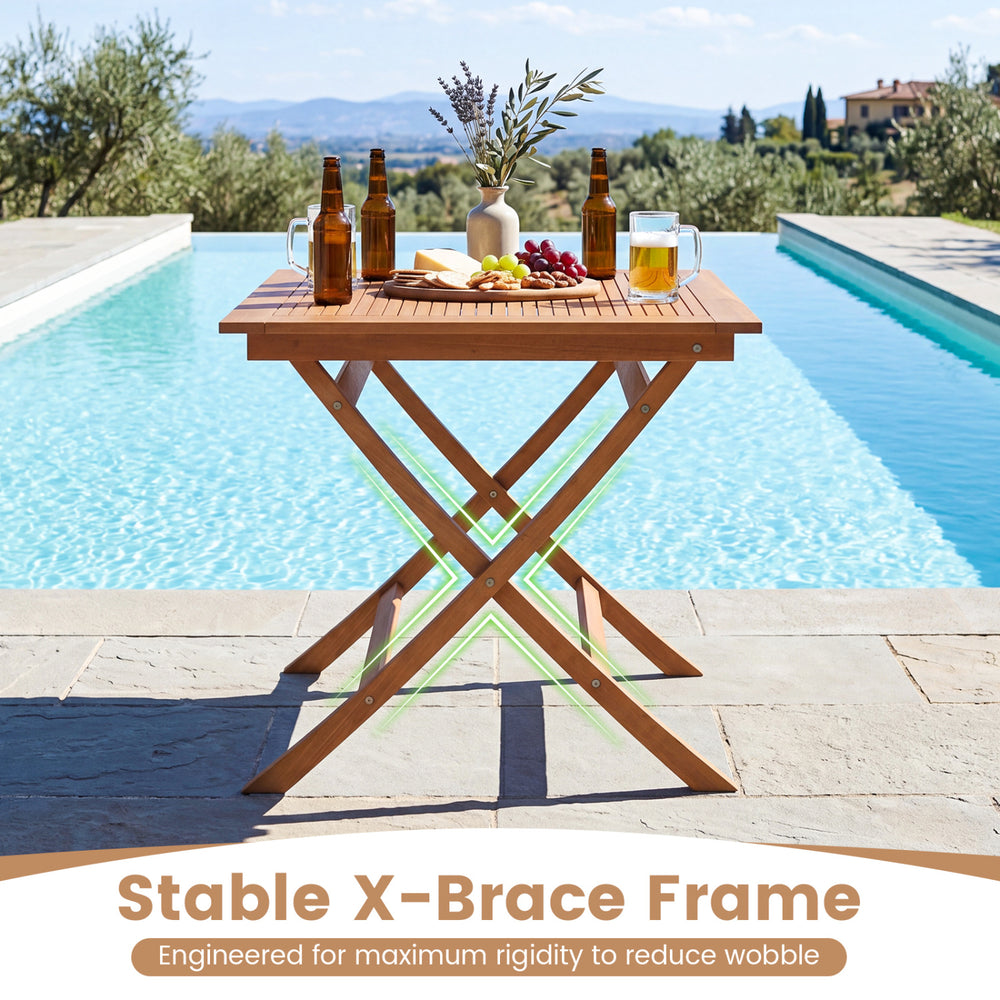 32-inch square solid teak wood patio dining table with stable X-brace frame, ideal for outdoor dining for 4.