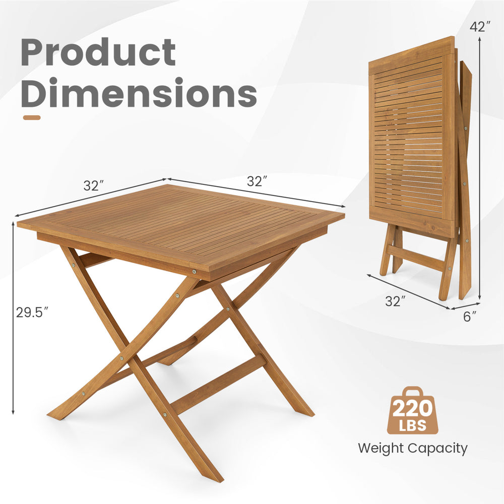 32-inch square solid teak wood patio dining table with X-brace frame, foldable for easy storage, seats 4 comfortably.