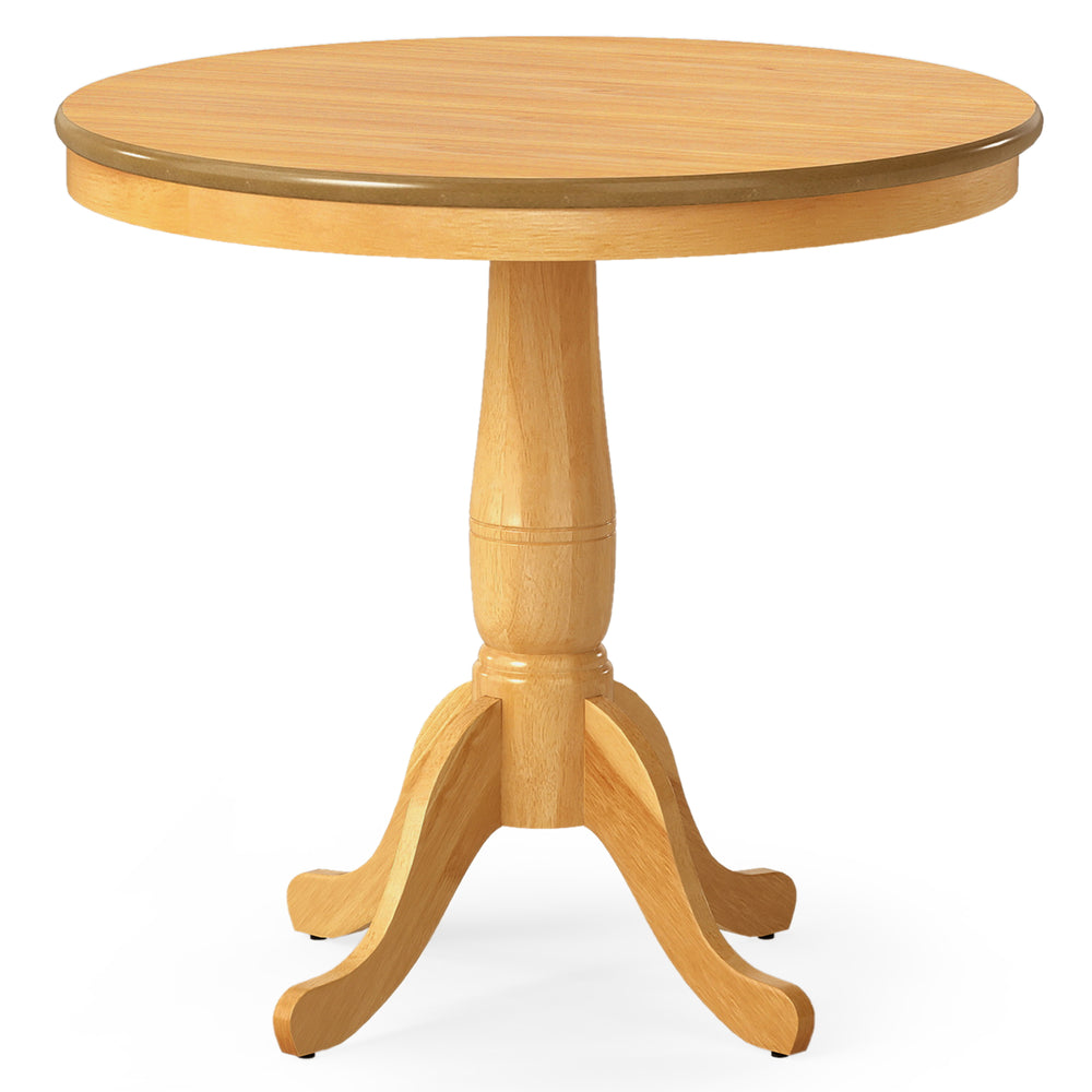 Natural 32-inch wooden round pub pedestal side table with retro style, adjustable pads, and round edge design.