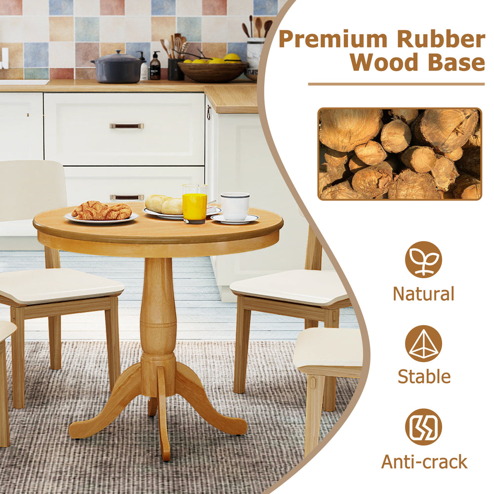 Round 32-inch wooden pub pedestal side table with natural rubber wood base, perfect for dining room or kitchen decor.
