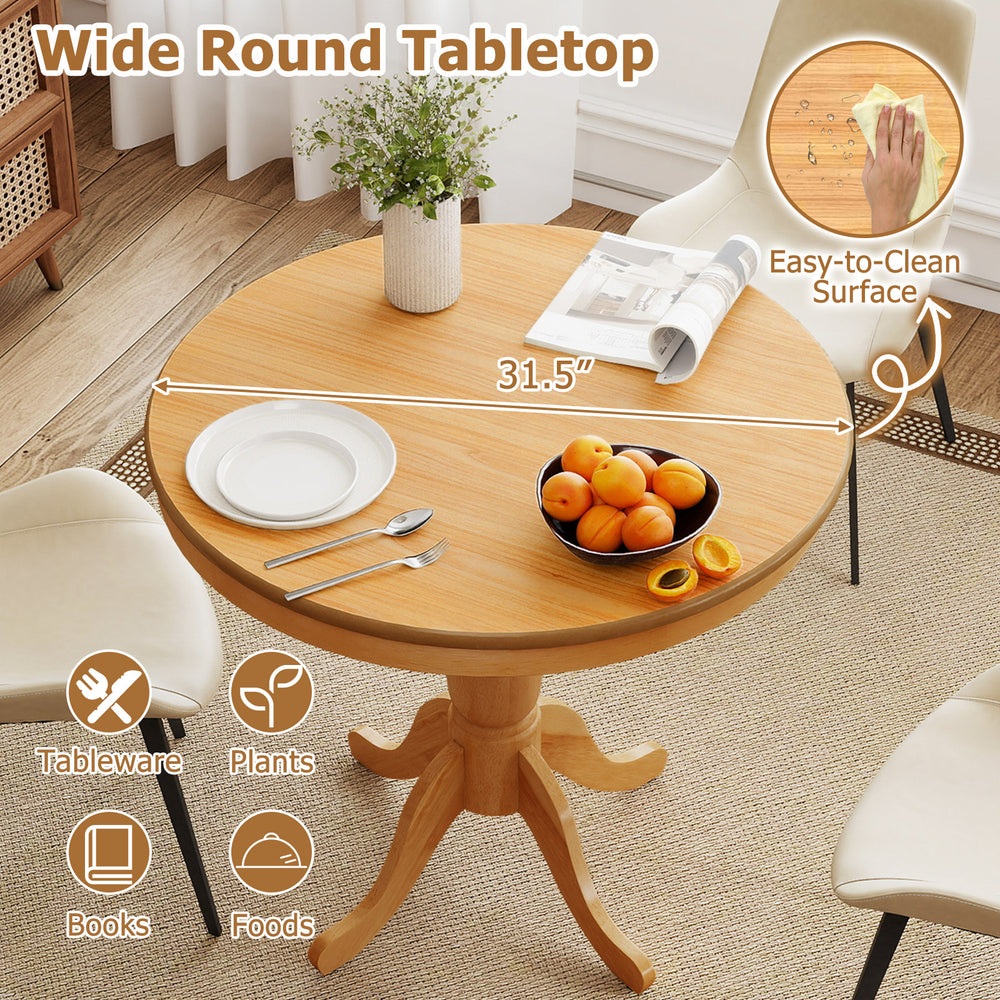 Round 32-inch wooden pub pedestal side table with natural finish, featuring an easy-to-clean surface for dining or.