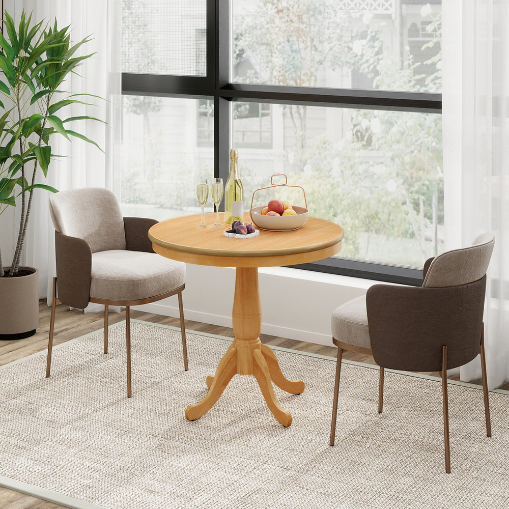 Round 32-inch wooden pub pedestal side table with natural finish, paired with stylish chairs for dining room decor.
