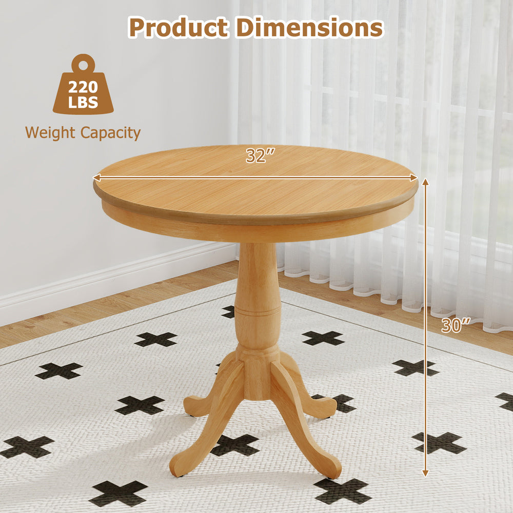 32-inch wooden round pub pedestal side table with a natural finish, featuring a retro style and adjustable pads for.