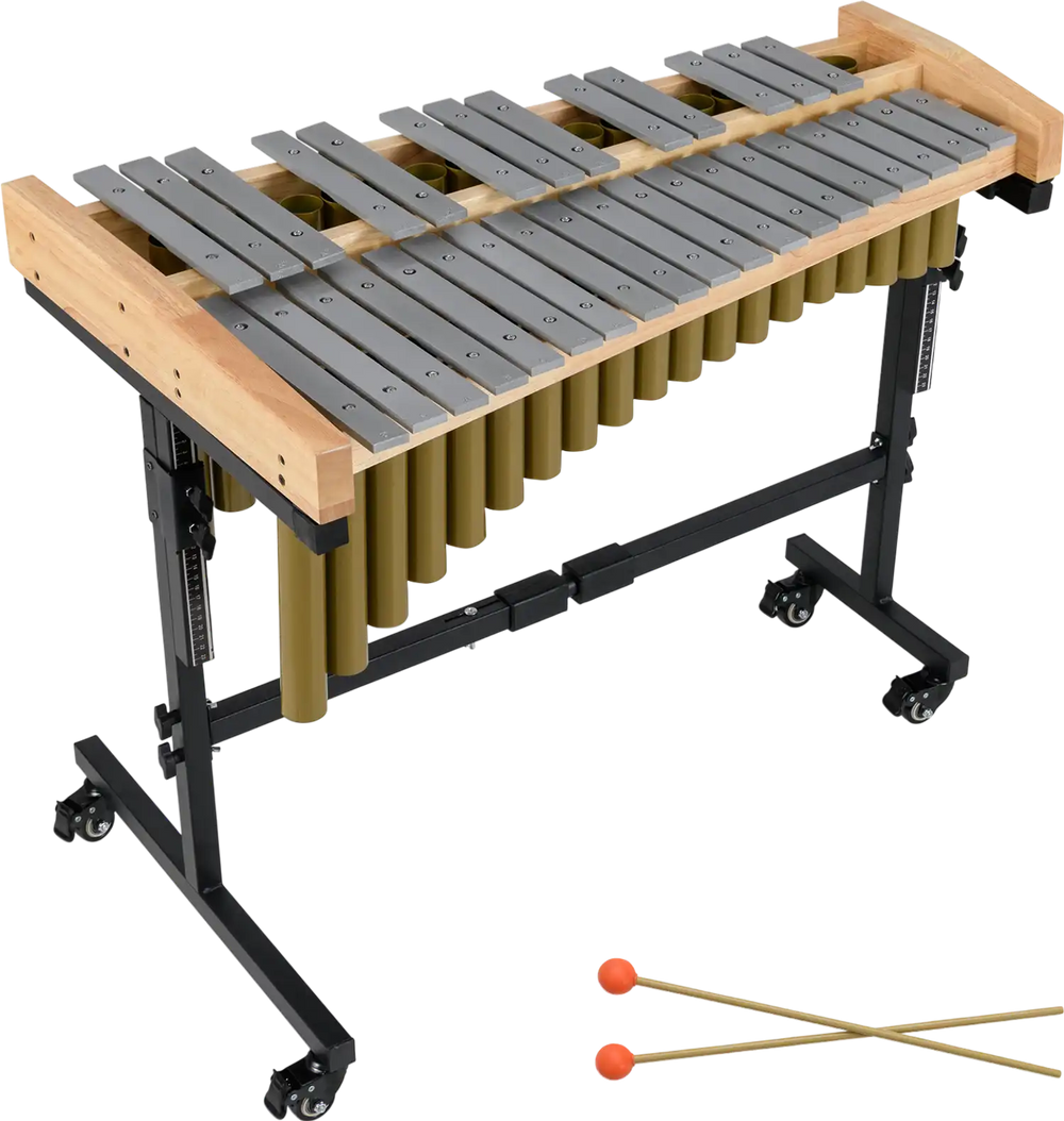 32-note marimba xylophone with aluminum bars and rubber wood base, featuring adjustable stand and lockable wheels for.