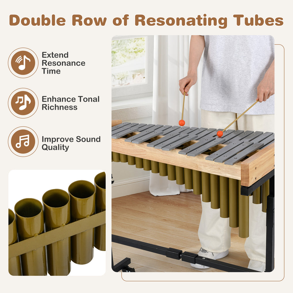 32-note aluminum xylophone with rubber wood base and double row of resonance tubes for enhanced sound quality.