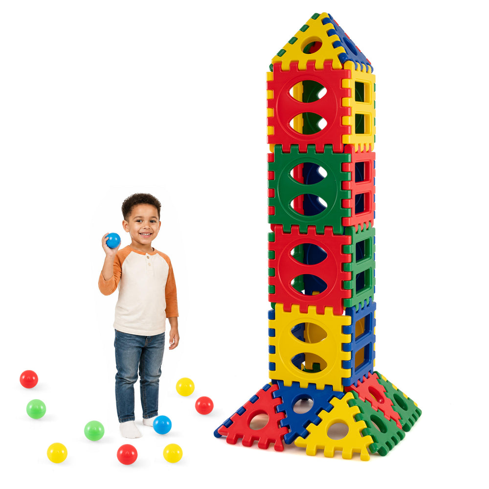 Oversized 32-piece waffle block set with 10 ocean balls, promoting creativity and coordination for children aged 3 and up.