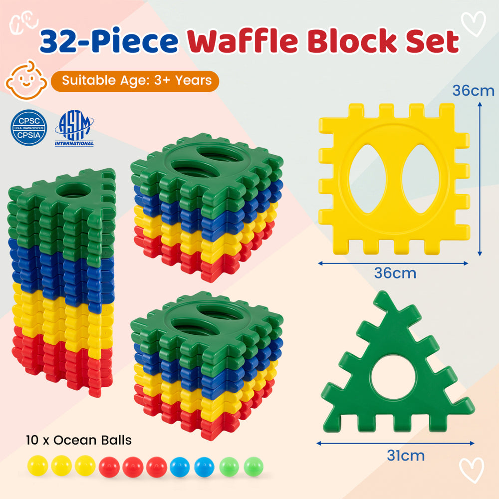 Bright yellow waffle block from the 32-piece set with an ocean ball, designed for safe, creative play for children aged 3+.